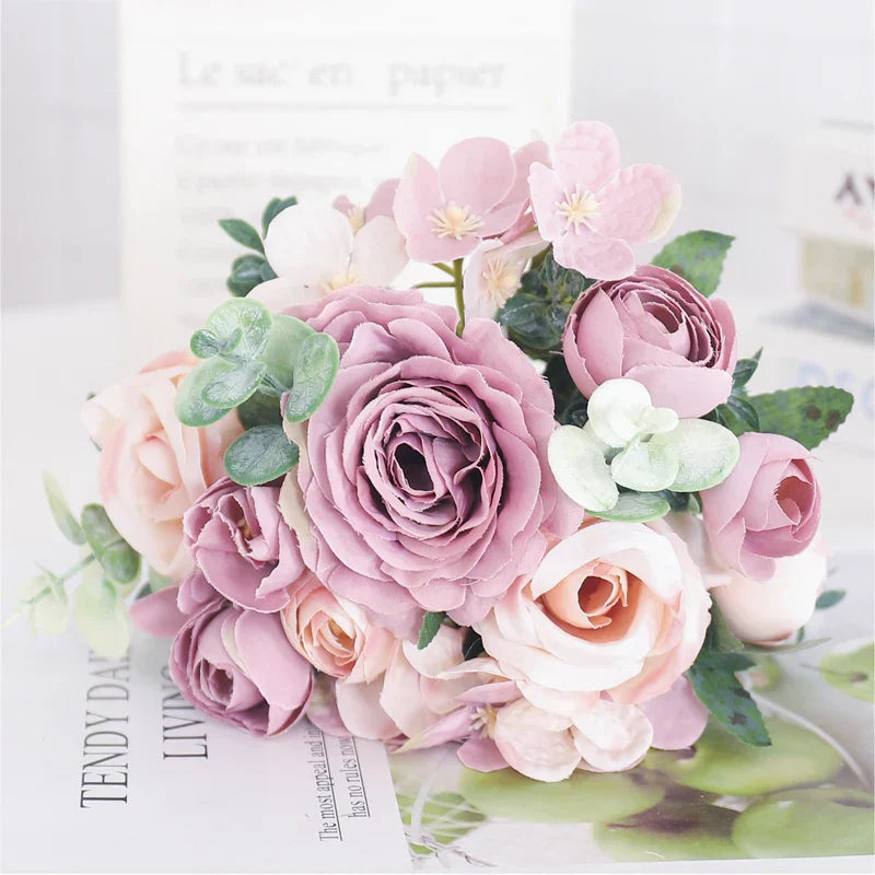 Artificial Flowers Silk Peony Hydrangea For Living Room Home Decoration Wedding Bride Bouquet Rose Fake Plants Table Accessories