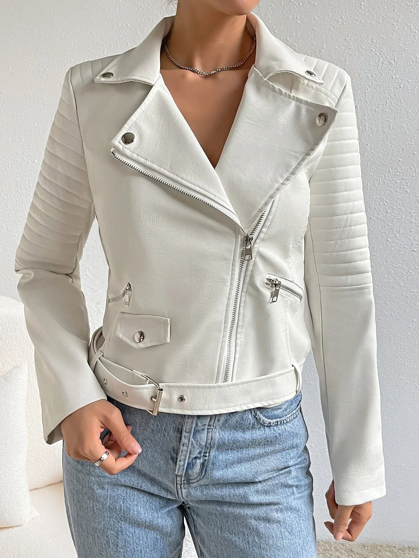 Essnce Women's Lapel Collar PU Moto Jacket