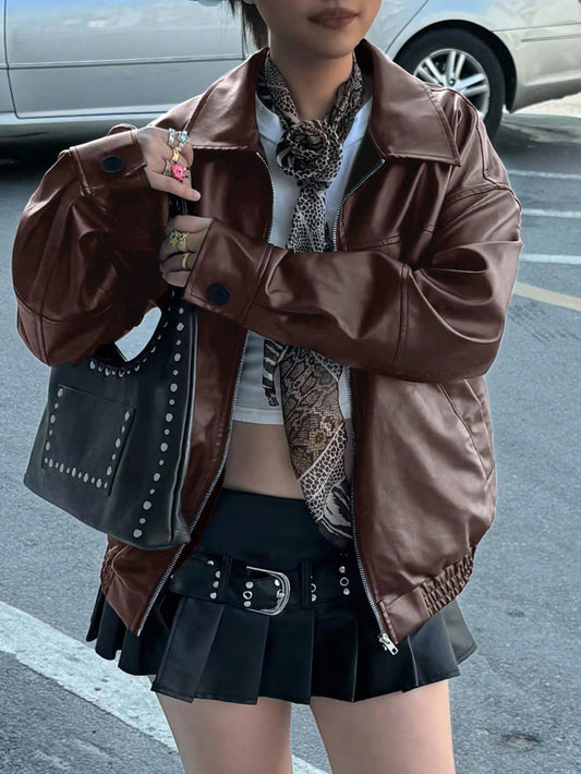 INAWLY Brown Women’s Motorcycle Jacket