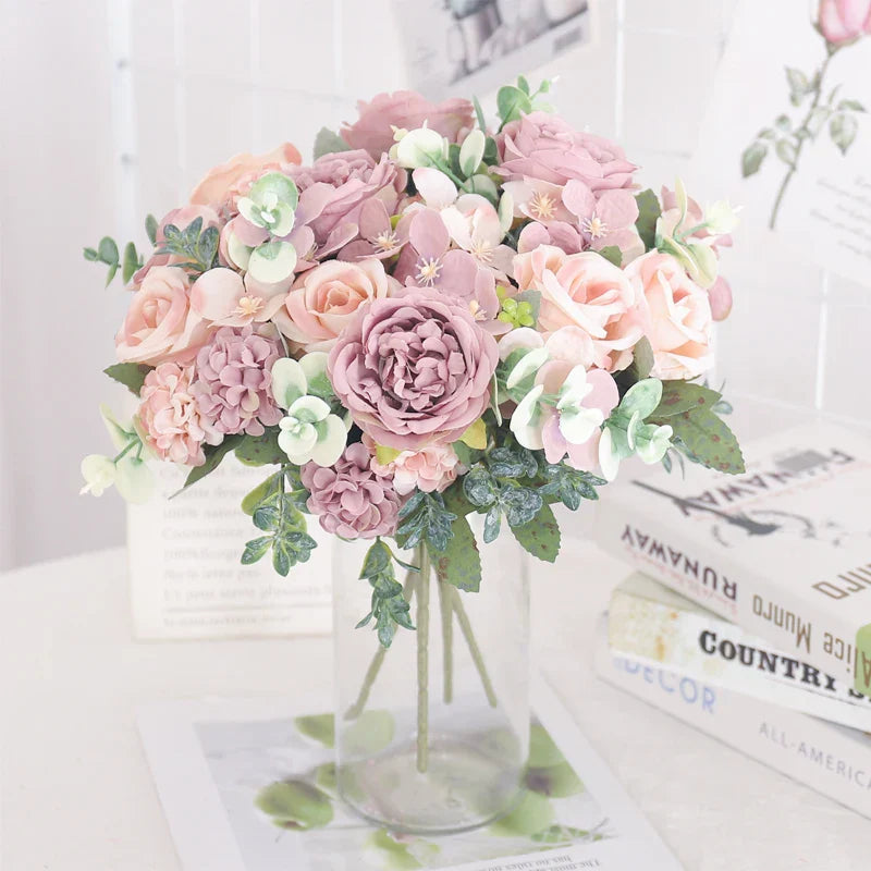 Artificial Flowers Silk Peony Hydrangea For Living Room Home Decoration Wedding Bride Bouquet Rose Fake Plants Table Accessories