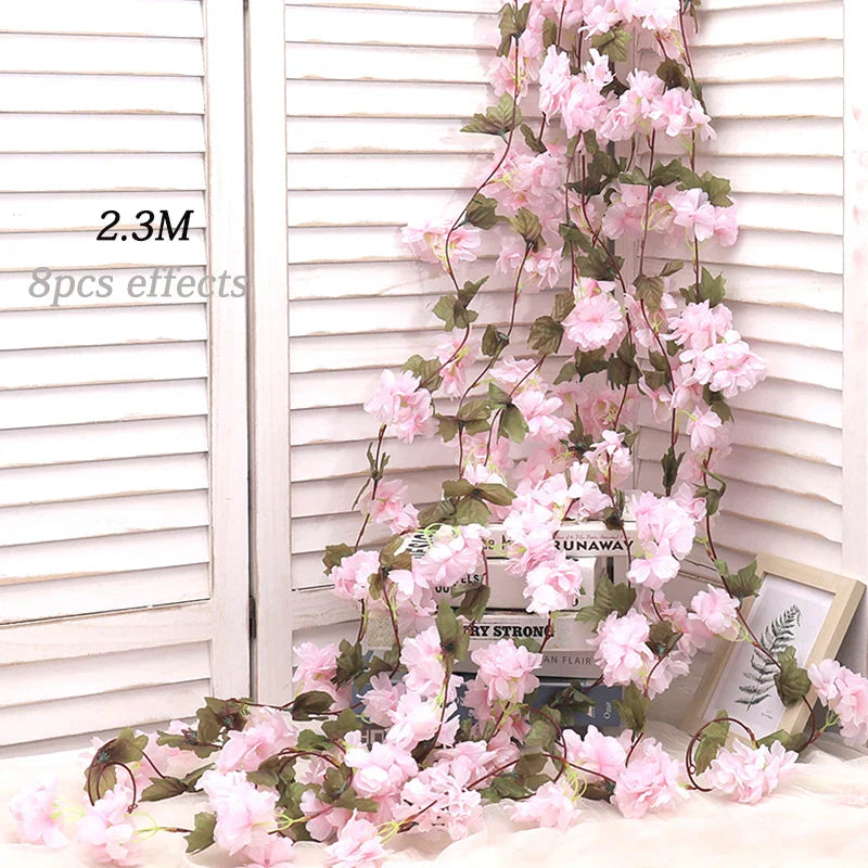Artificial Silk Cherry Blossom Vine For Christmas Sakura Home Wedding Decoration Fake Floral Arch Garden Living Room DIY Arrange