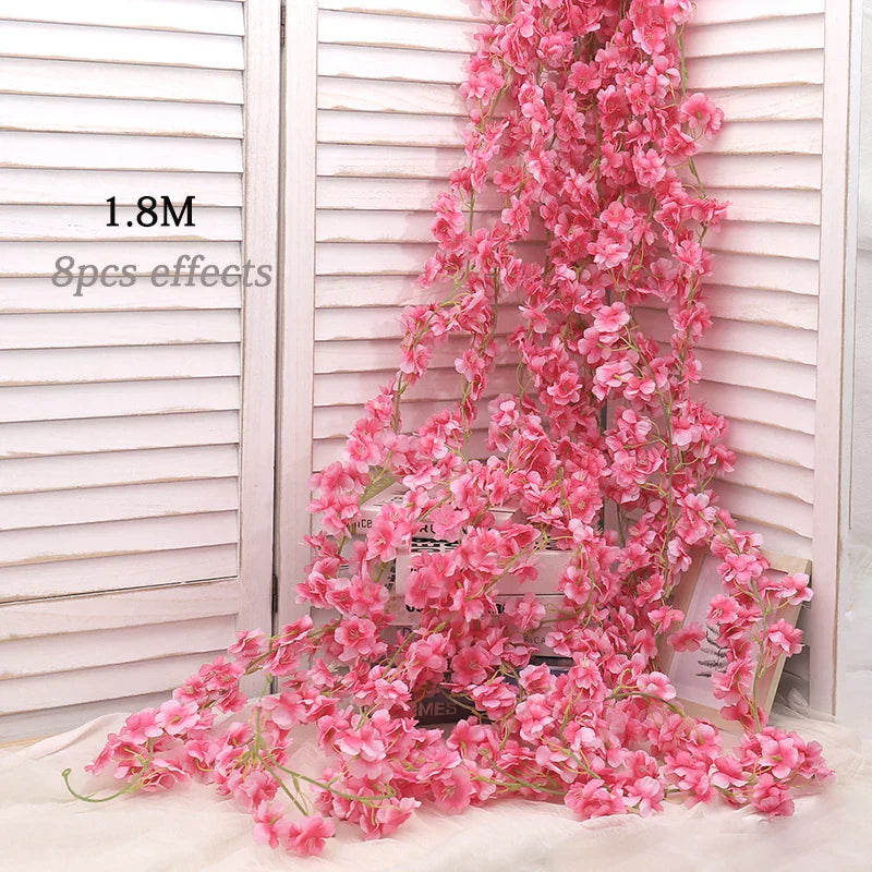 Artificial Silk Cherry Blossom Vine For Christmas Sakura Home Wedding Decoration Fake Floral Arch Garden Living Room DIY Arrange