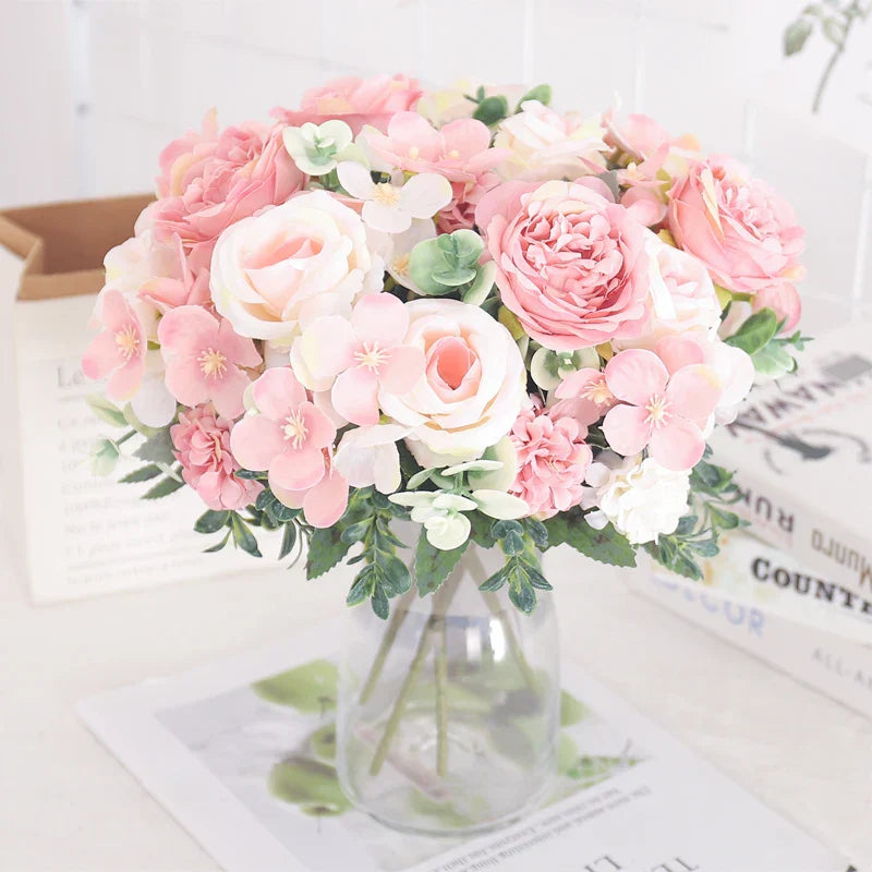 Artificial Flowers Silk Peony Hydrangea For Living Room Home Decoration Wedding Bride Bouquet Rose Fake Plants Table Accessories
