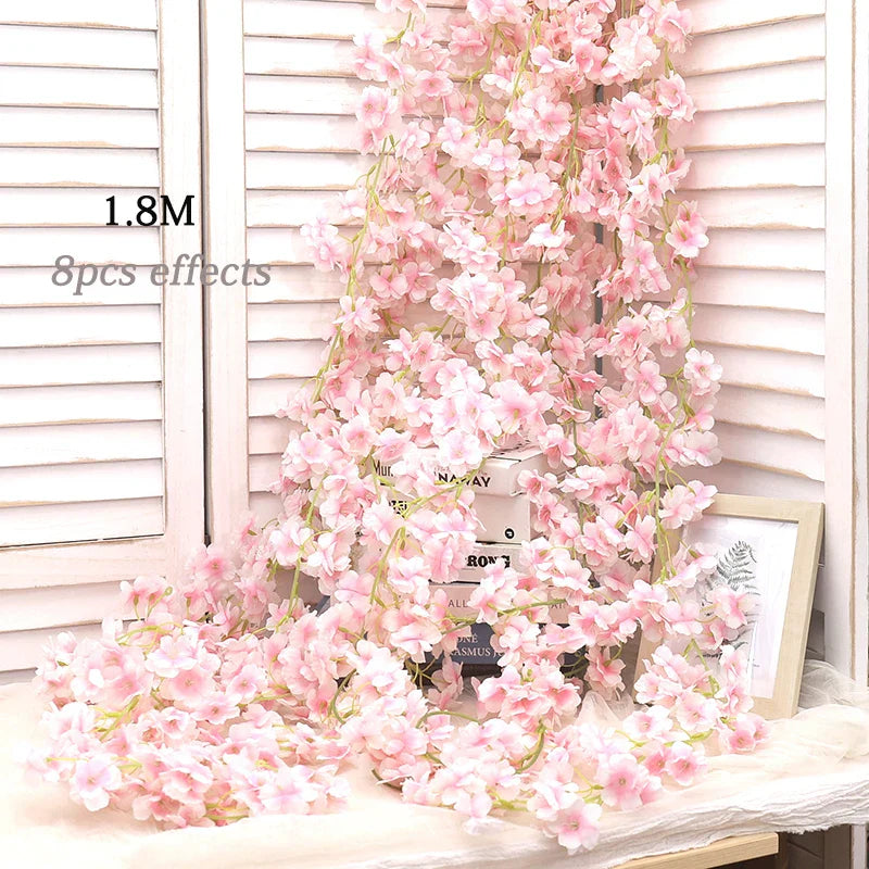 Artificial Silk Cherry Blossom Vine For Christmas Sakura Home Wedding Decoration Fake Floral Arch Garden Living Room DIY Arrange