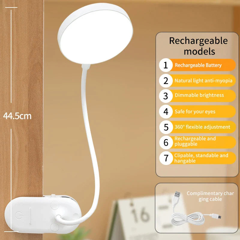 Table Lamp USB Rechargeable Desk Lamp Clip Bed Reading Book Night Light LED Touch 3 Modes Dimming Eye Protection Light Plug in