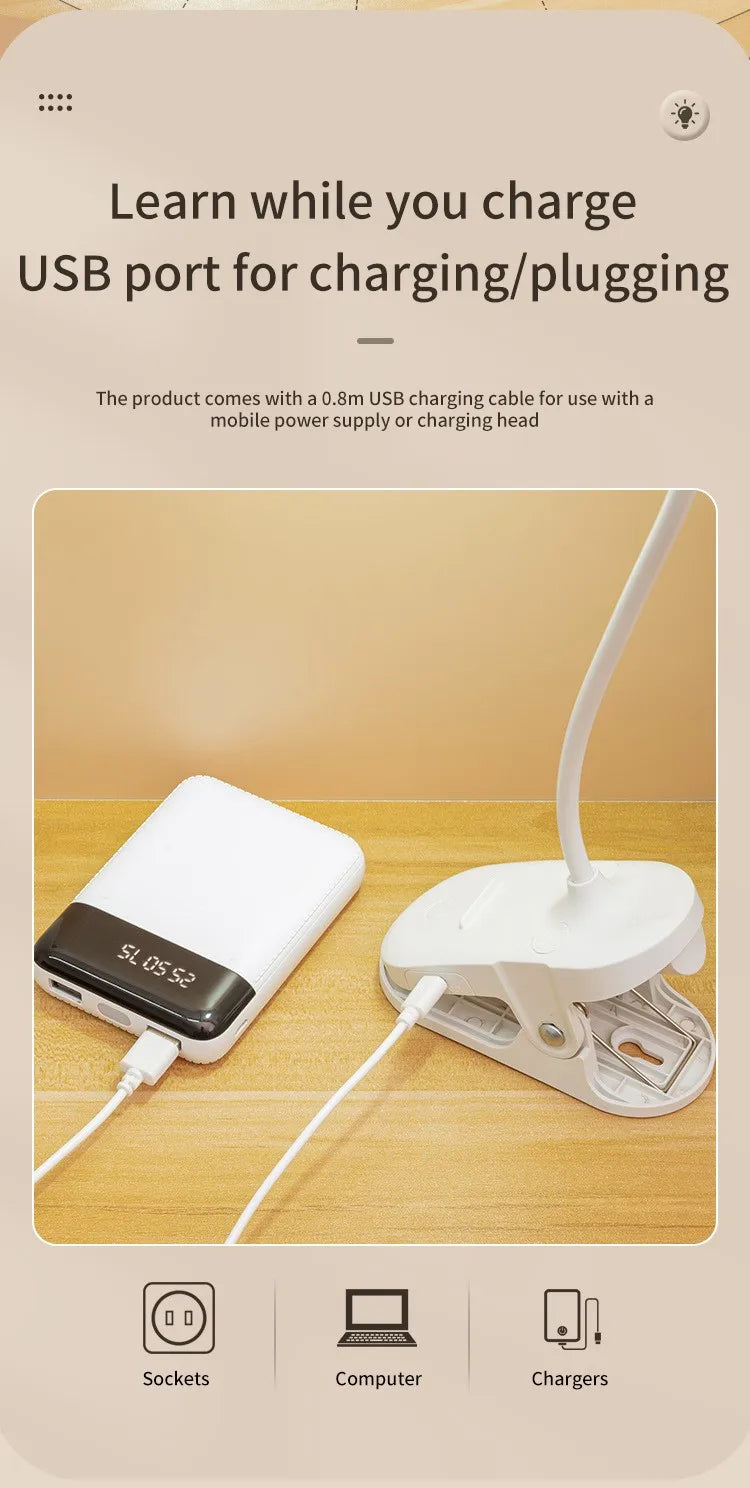 Table Lamp USB Rechargeable Desk Lamp Clip Bed Reading Book Night Light LED Touch 3 Modes Dimming Eye Protection Light Plug in