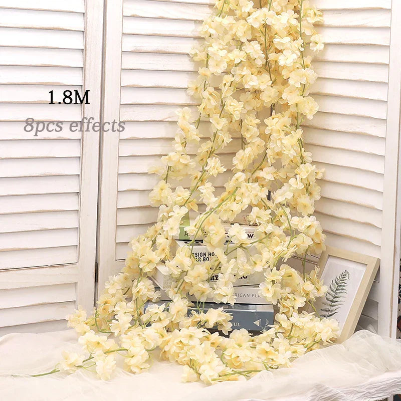 Artificial Silk Cherry Blossom Vine For Christmas Sakura Home Wedding Decoration Fake Floral Arch Garden Living Room DIY Arrange