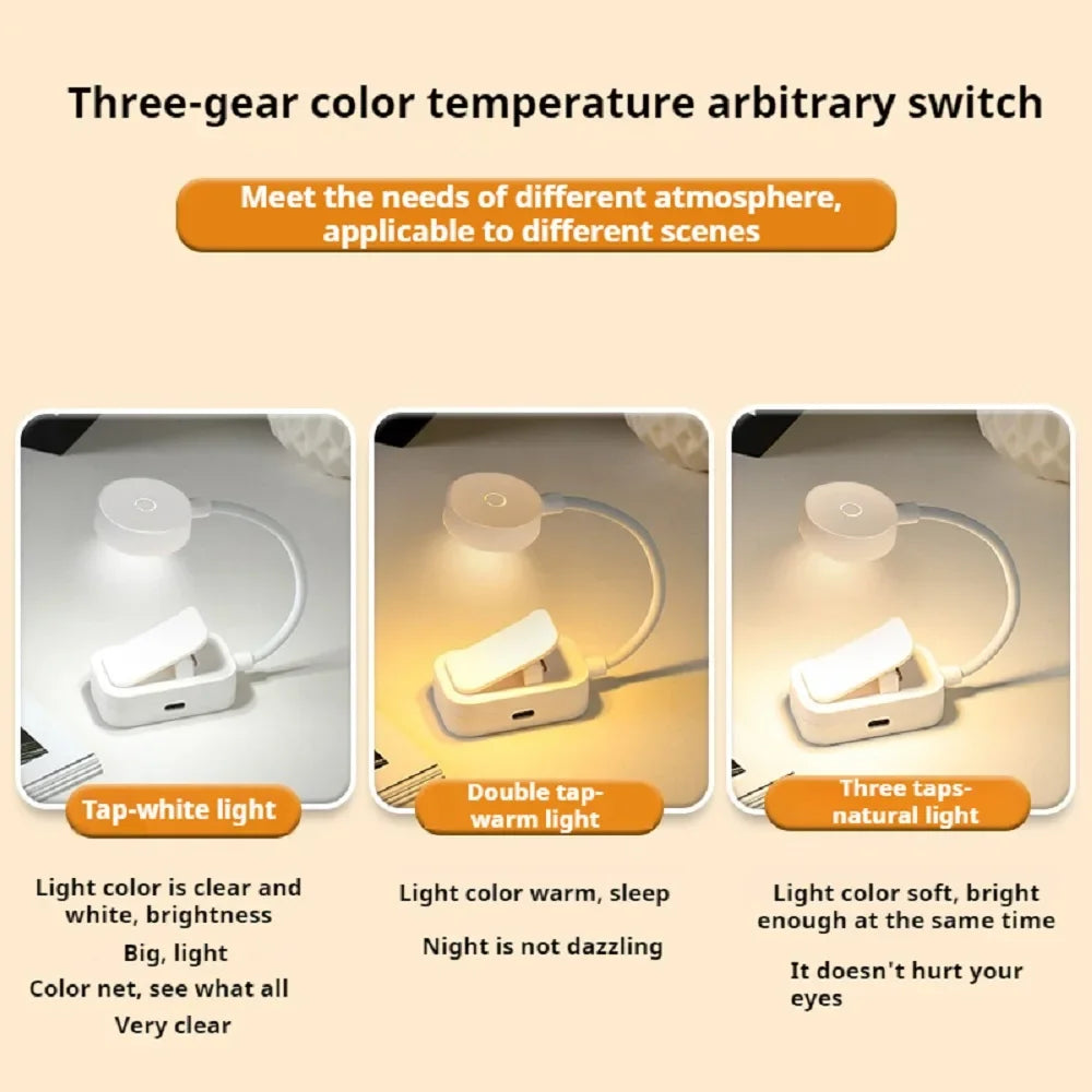 Mini LED Reading Book Light Table Lamp 3 Modes Adjustable USB Rechargeable Clip-On Study Reading Lamp for Travel Bedroom Book