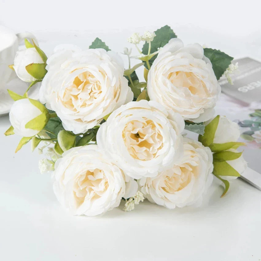 Artificial Flowers Fake Silk White Peonies Used for Home Room Vase Decoration Christmas Wreath Wedding Bouquet Party Accessories