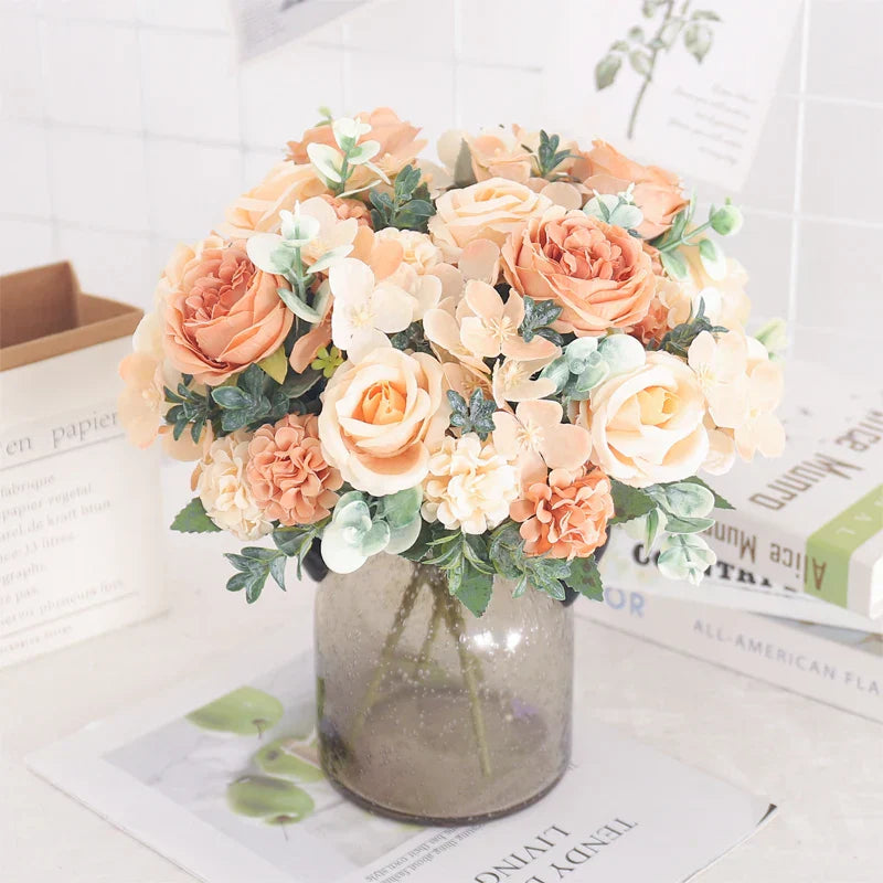 Artificial Flowers Silk Peony Hydrangea For Living Room Home Decoration Wedding Bride Bouquet Rose Fake Plants Table Accessories
