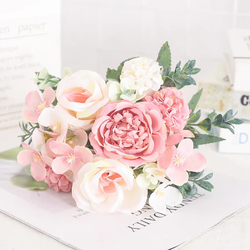 Artificial Flowers Silk Peony Hydrangea For Living Room Home Decoration Wedding Bride Bouquet Rose Fake Plants Table Accessories