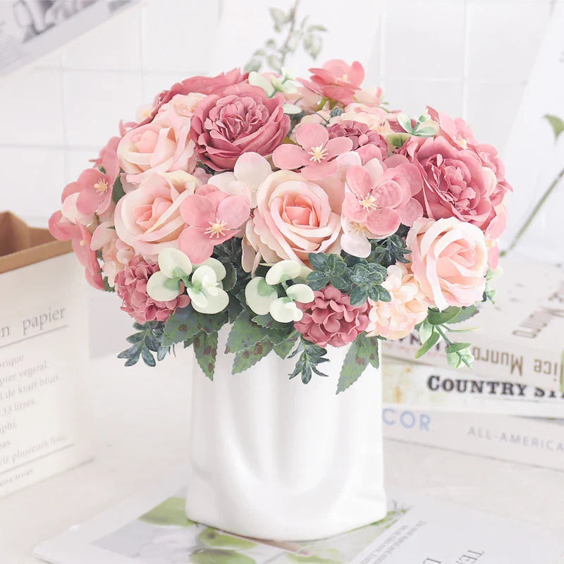 Artificial Flowers Silk Peony Hydrangea For Living Room Home Decoration Wedding Bride Bouquet Rose Fake Plants Table Accessories